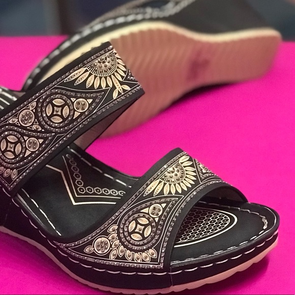 Restocked! Italina Black Floral Rhinestone Peep Wedge Heeled Sandal - Picture 5 of 11